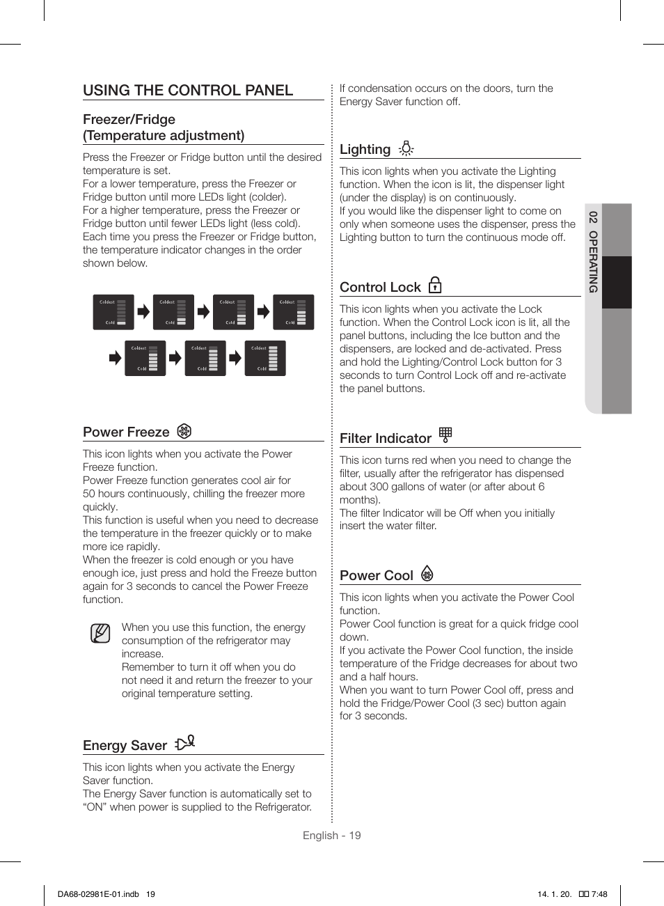 Using the control panel | Samsung RS25H5000WW-AA User Manual | Page 19 / 96
