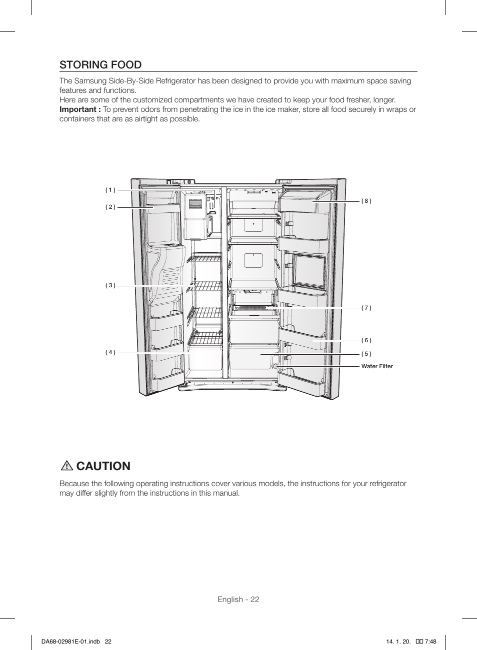 Caution, Storing food | Samsung RS25H5000WW-AA User Manual | Page 22 / 96