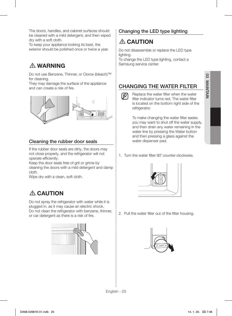 Warning, Caution, Changing the water filter | Cleaning the rubber door seals, Changing the led type lighting, Pull the water filter out of the filter housing | Samsung RS25H5000WW-AA User Manual | Page 25 / 96