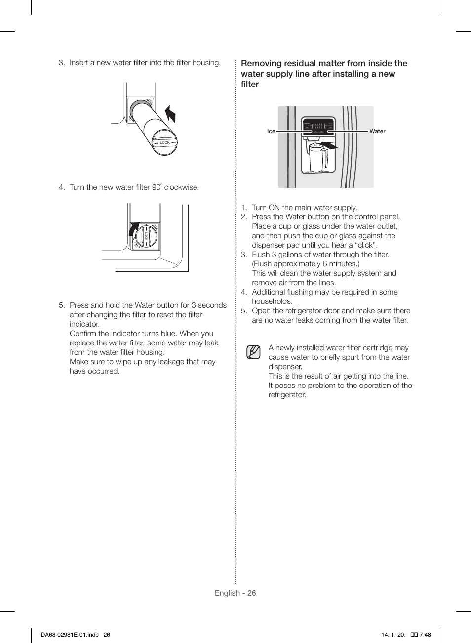 Turn the new water filter 90˚ clockwise, Water ice, Lock | Samsung RS25H5000WW-AA User Manual | Page 26 / 96