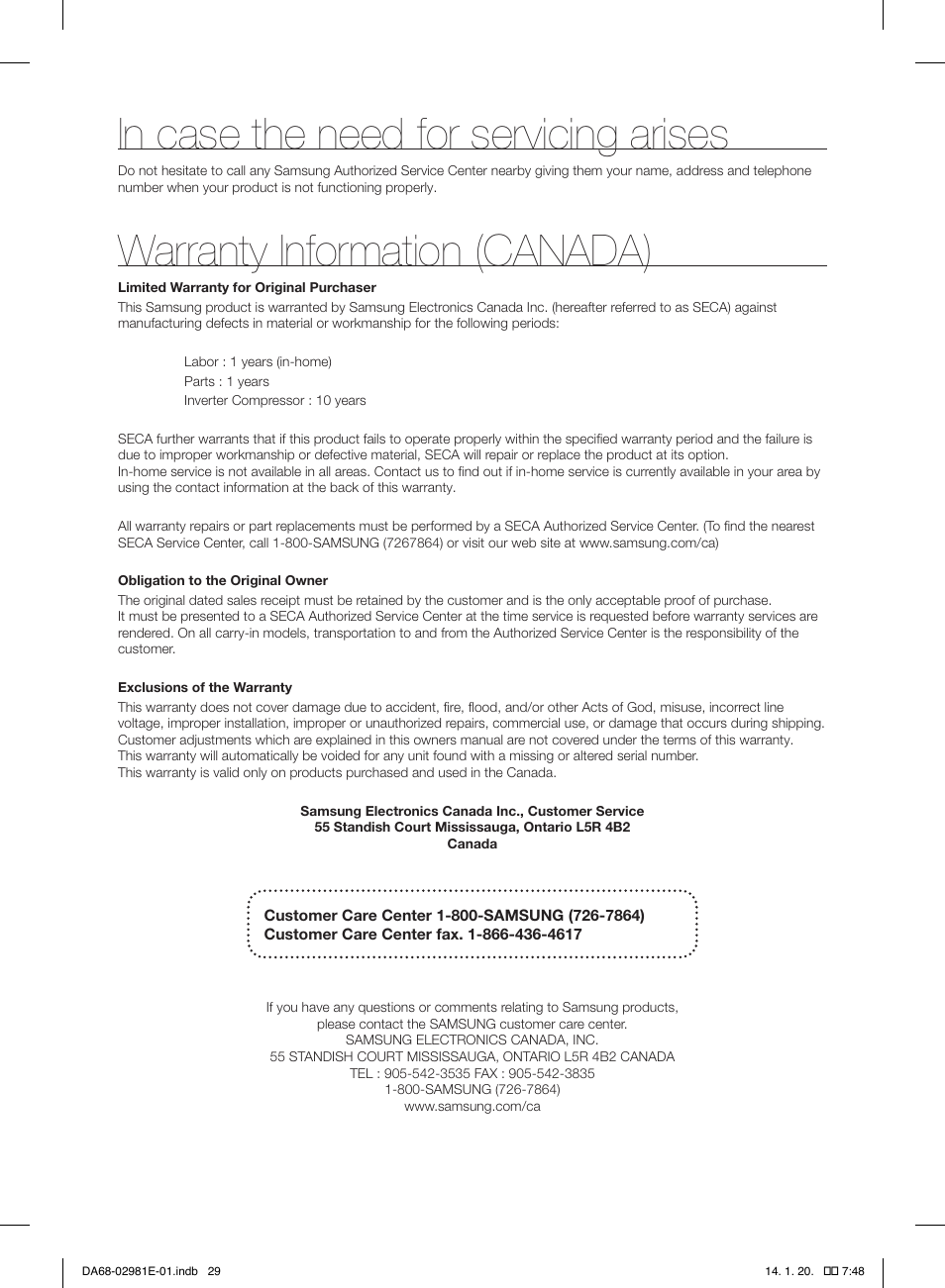 Warranty information (canada) | Samsung RS25H5000WW-AA User Manual | Page 29 / 96