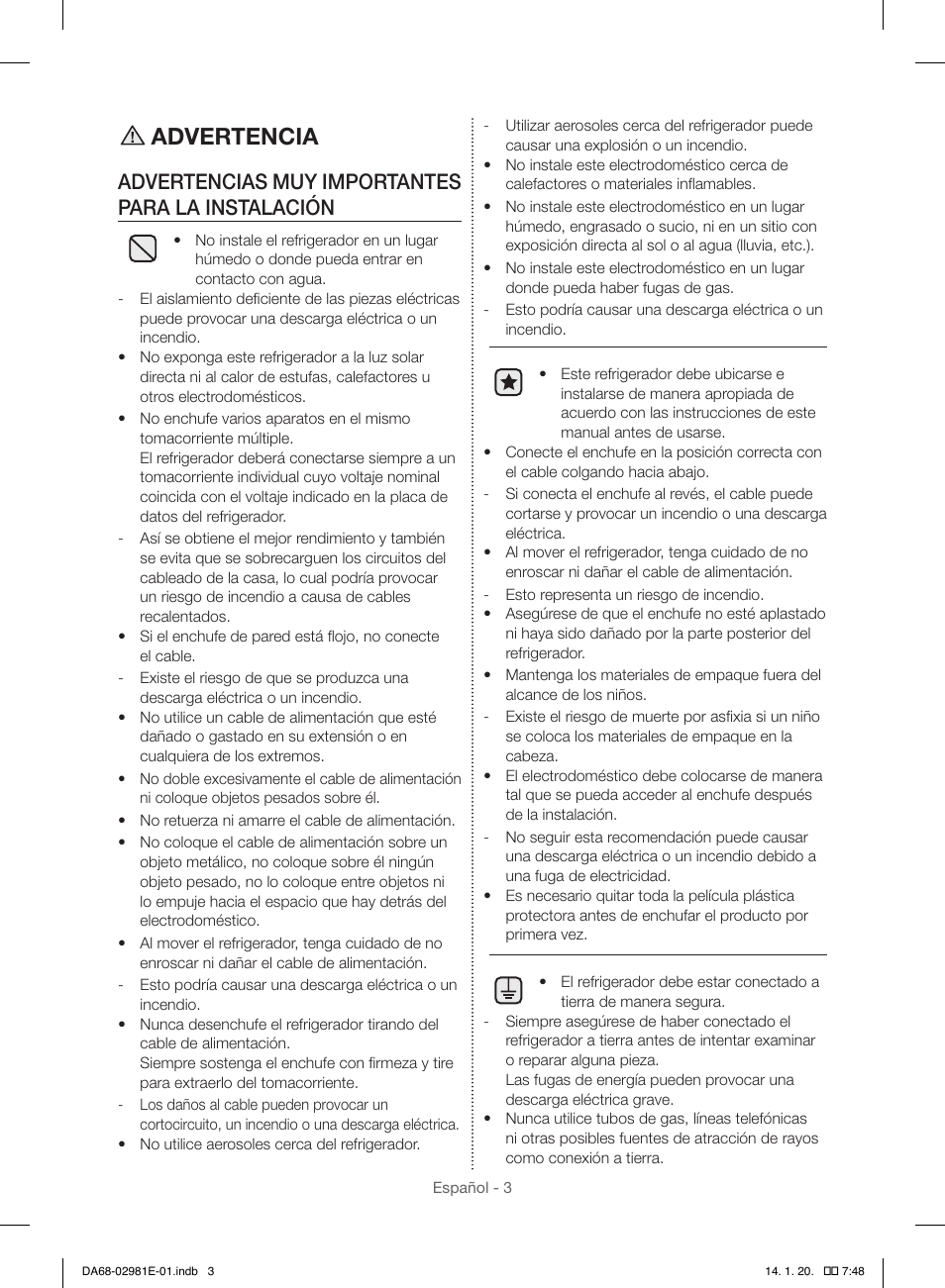 Advertencia, Advertencias muy importantes para la instalación | Samsung RS25H5000WW-AA User Manual | Page 35 / 96