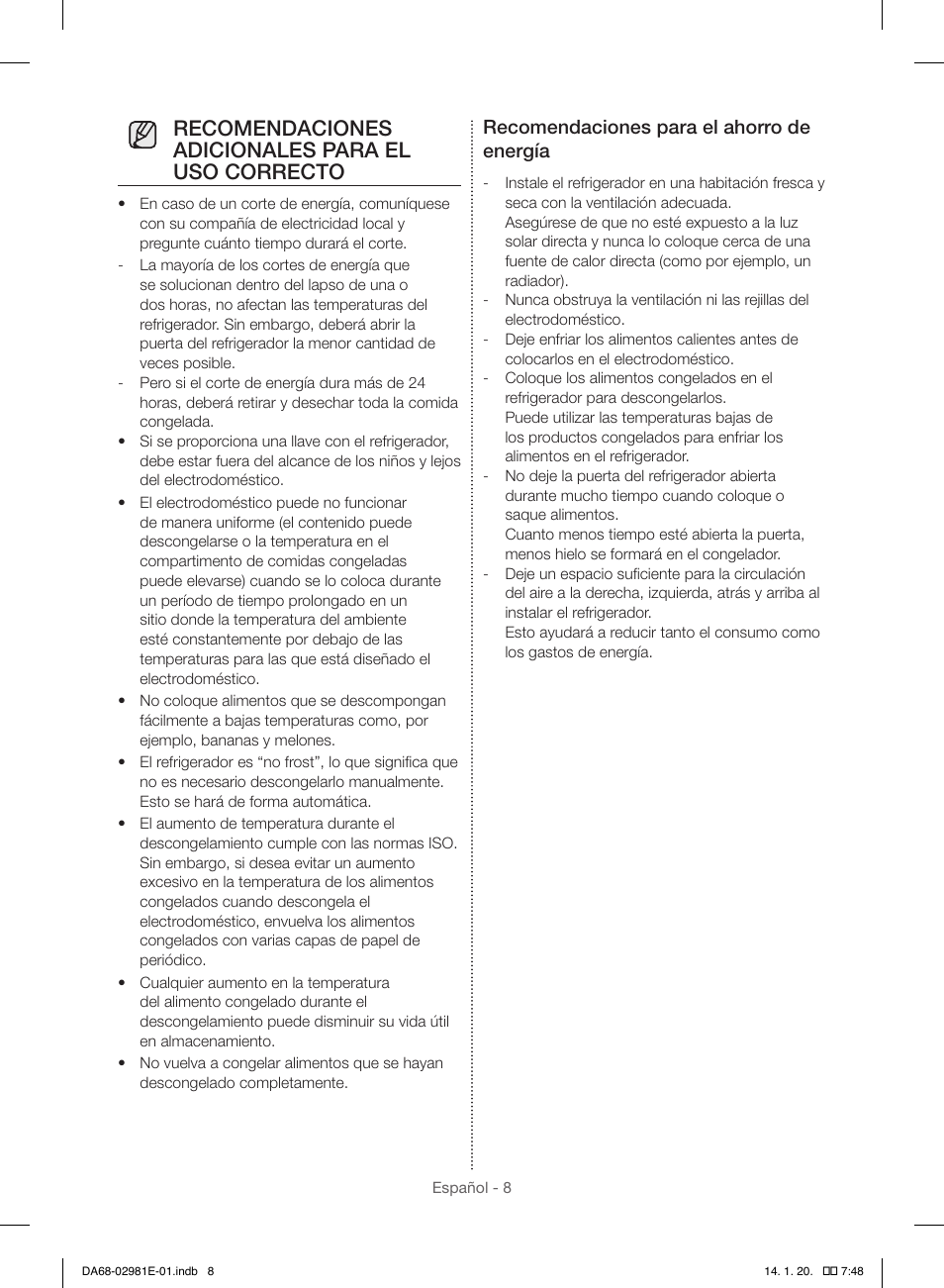 Recomendaciones adicionales para el uso correcto, Recomendaciones para el ahorro de energía | Samsung RS25H5000WW-AA User Manual | Page 40 / 96