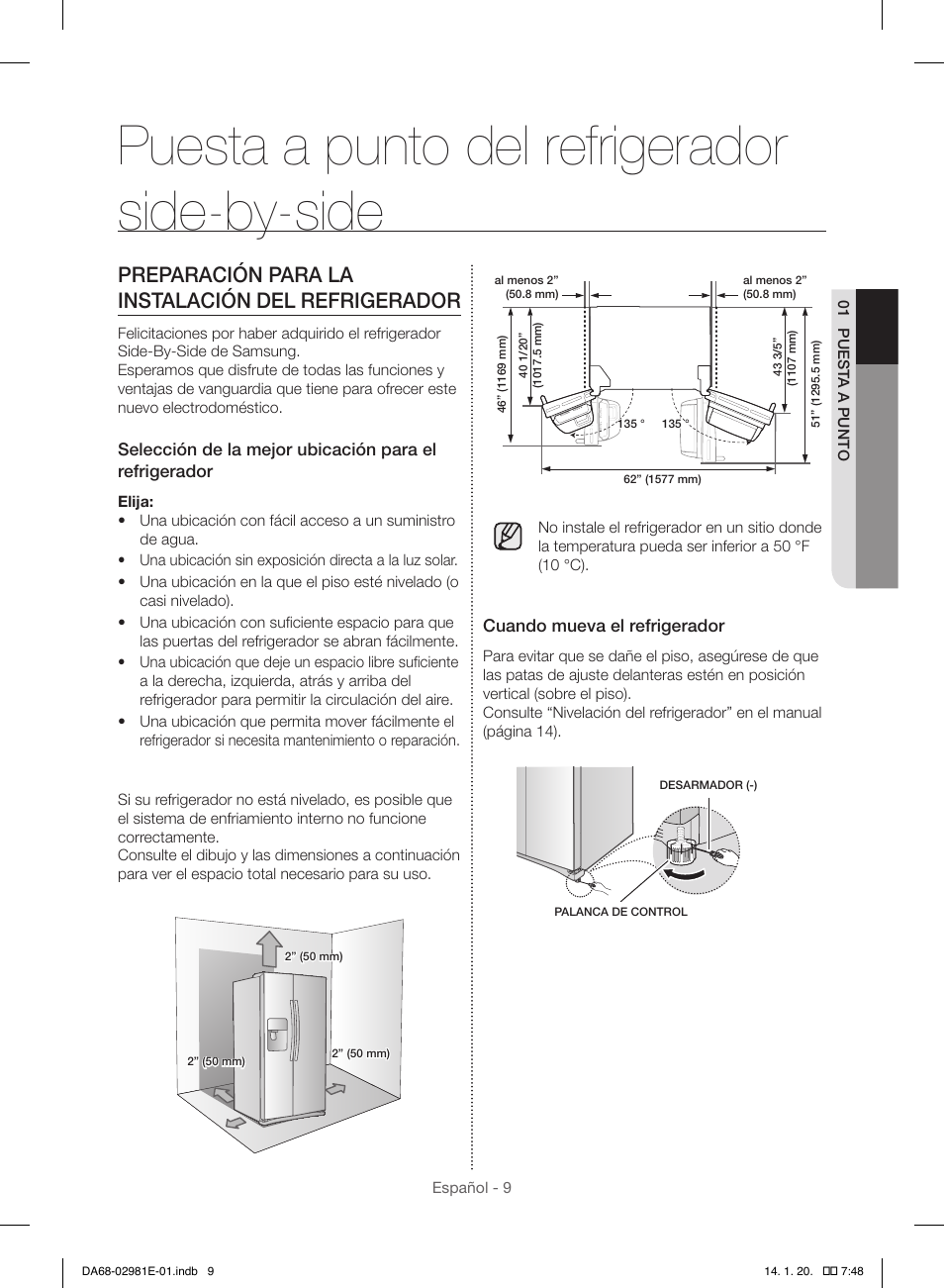 Puesta a punto del refrigerador side-by-side, Preparación para la instalación del refrigerador | Samsung RS25H5000WW-AA User Manual | Page 41 / 96