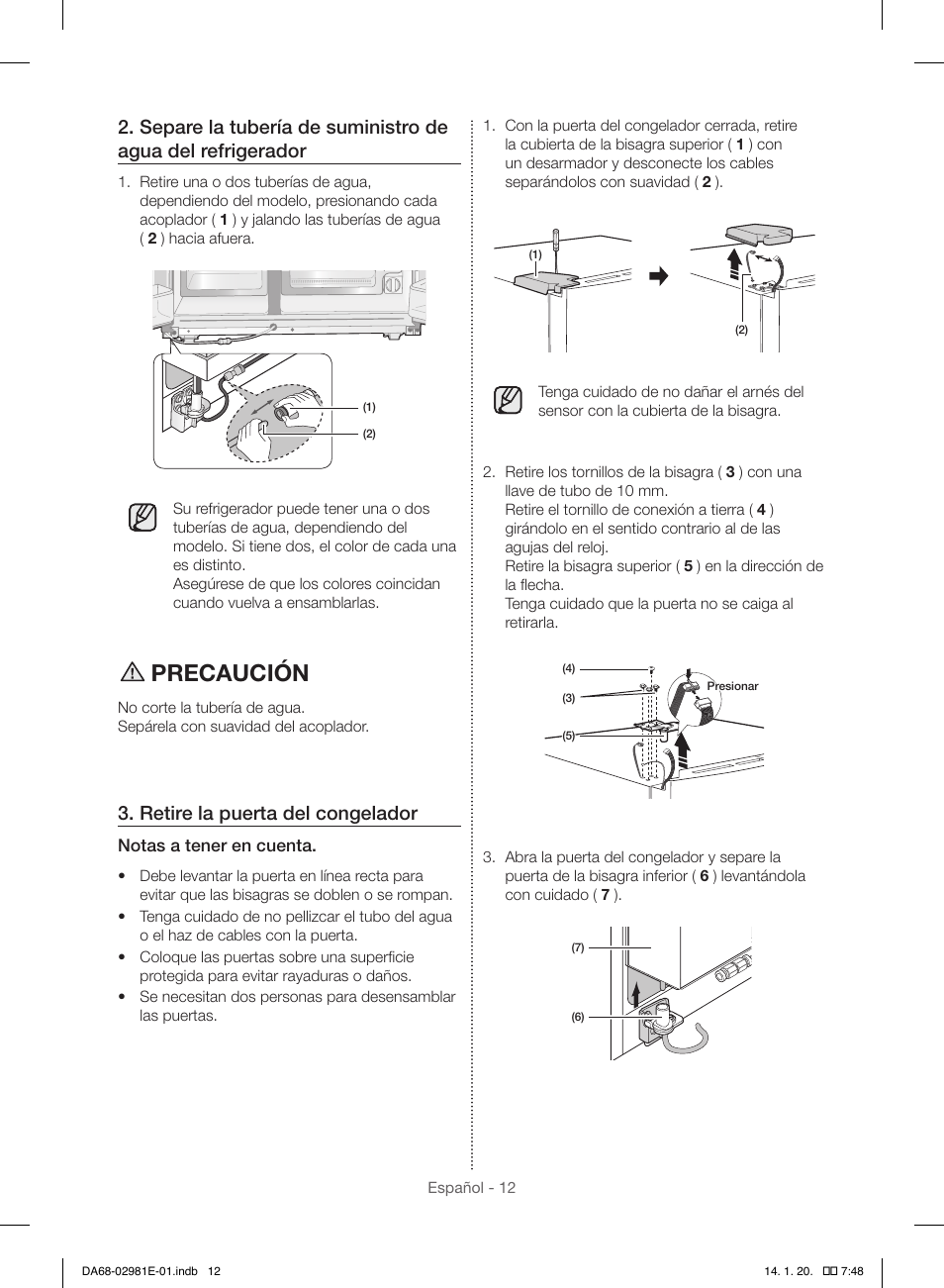 Precaución, Retire la puerta del congelador | Samsung RS25H5000WW-AA User Manual | Page 44 / 96