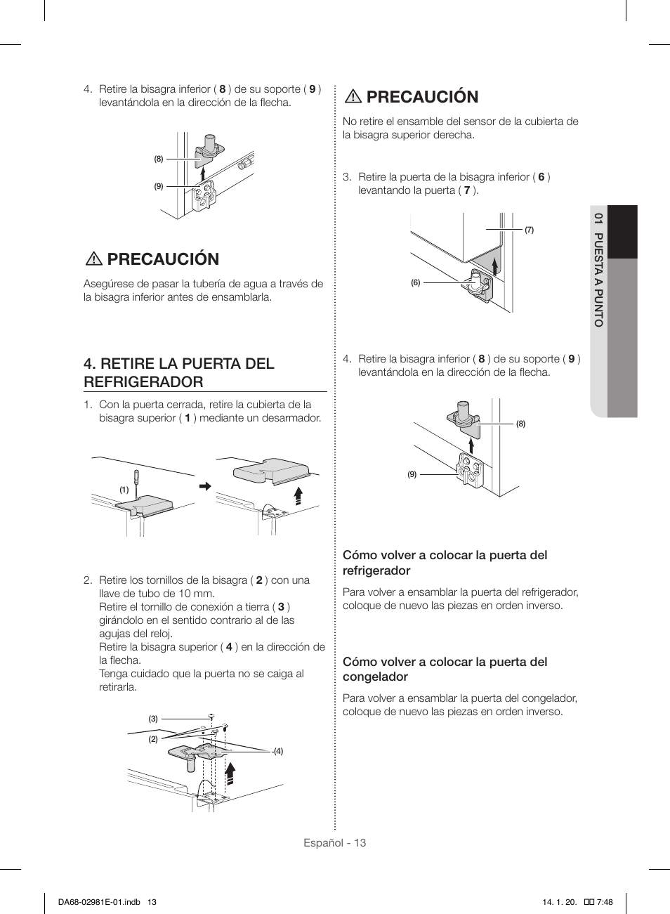 Precaución, Retire la puerta del refrigerador | Samsung RS25H5000WW-AA User Manual | Page 45 / 96