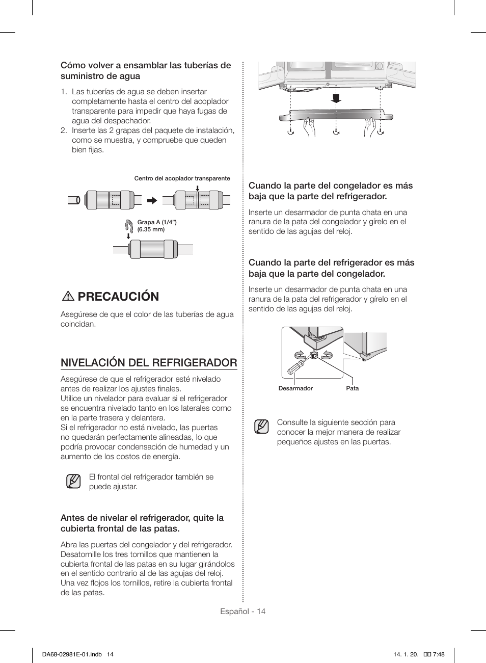 Precaución, Nivelación del refrigerador | Samsung RS25H5000WW-AA User Manual | Page 46 / 96