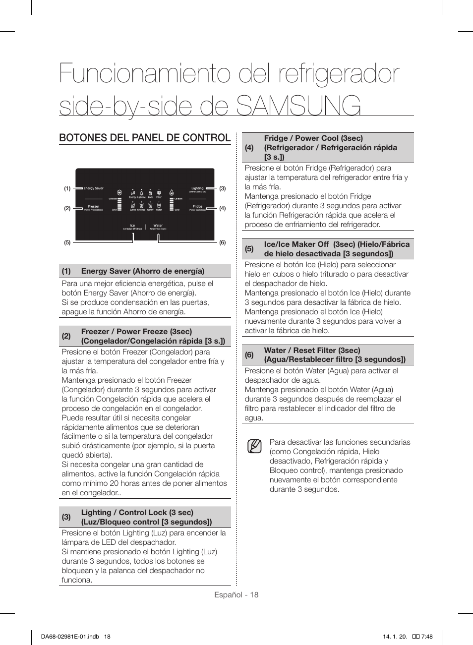 Botones del panel de control | Samsung RS25H5000WW-AA User Manual | Page 50 / 96