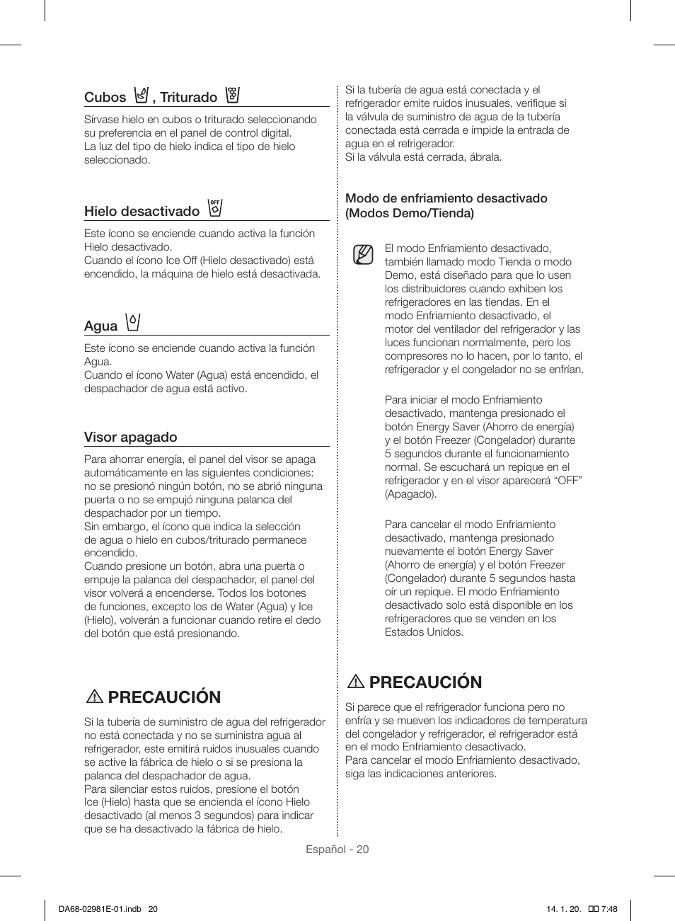 Precaución | Samsung RS25H5000WW-AA User Manual | Page 52 / 96