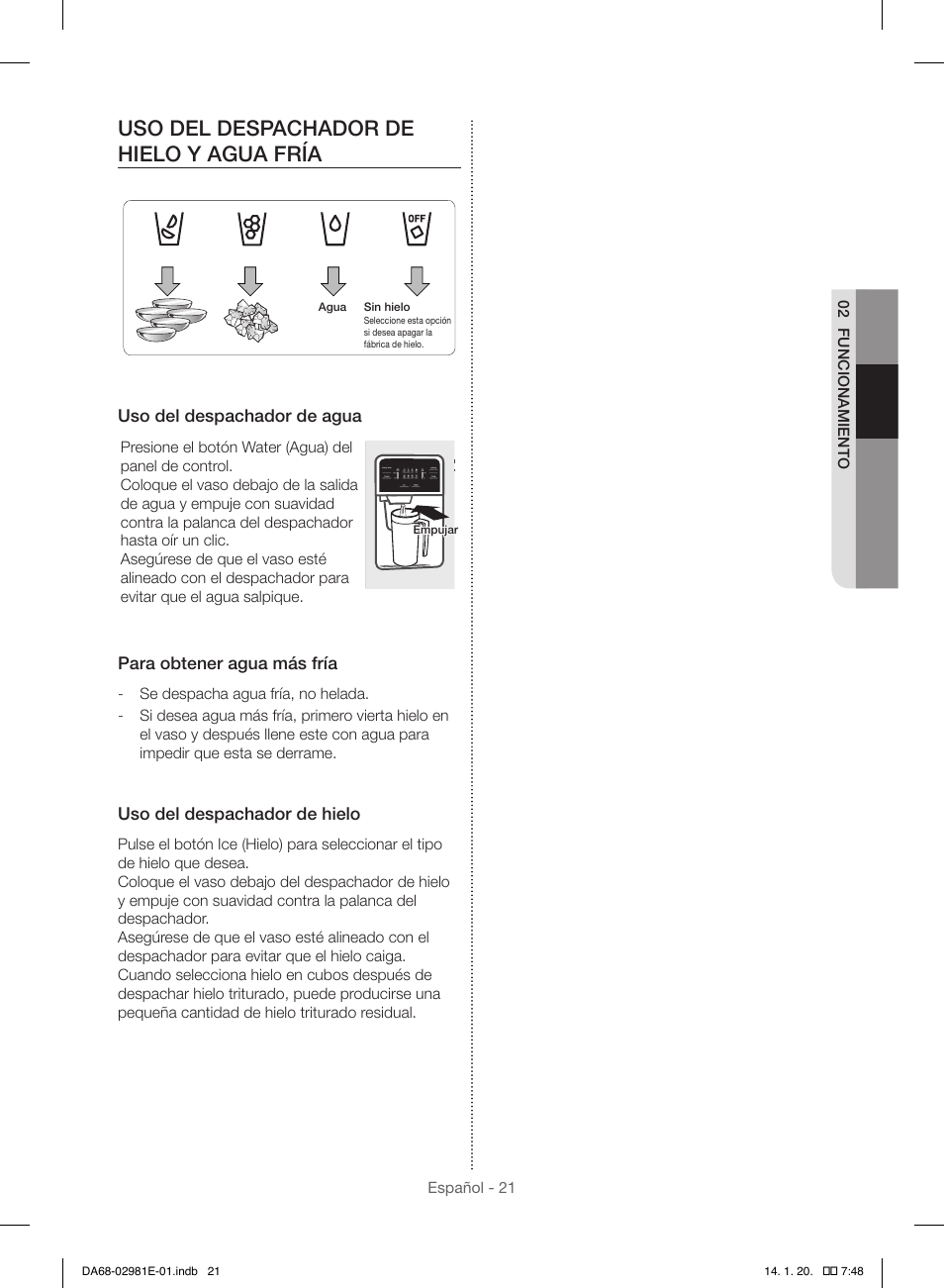 Uso del despachador de hielo y agua fría | Samsung RS25H5000WW-AA User Manual | Page 53 / 96