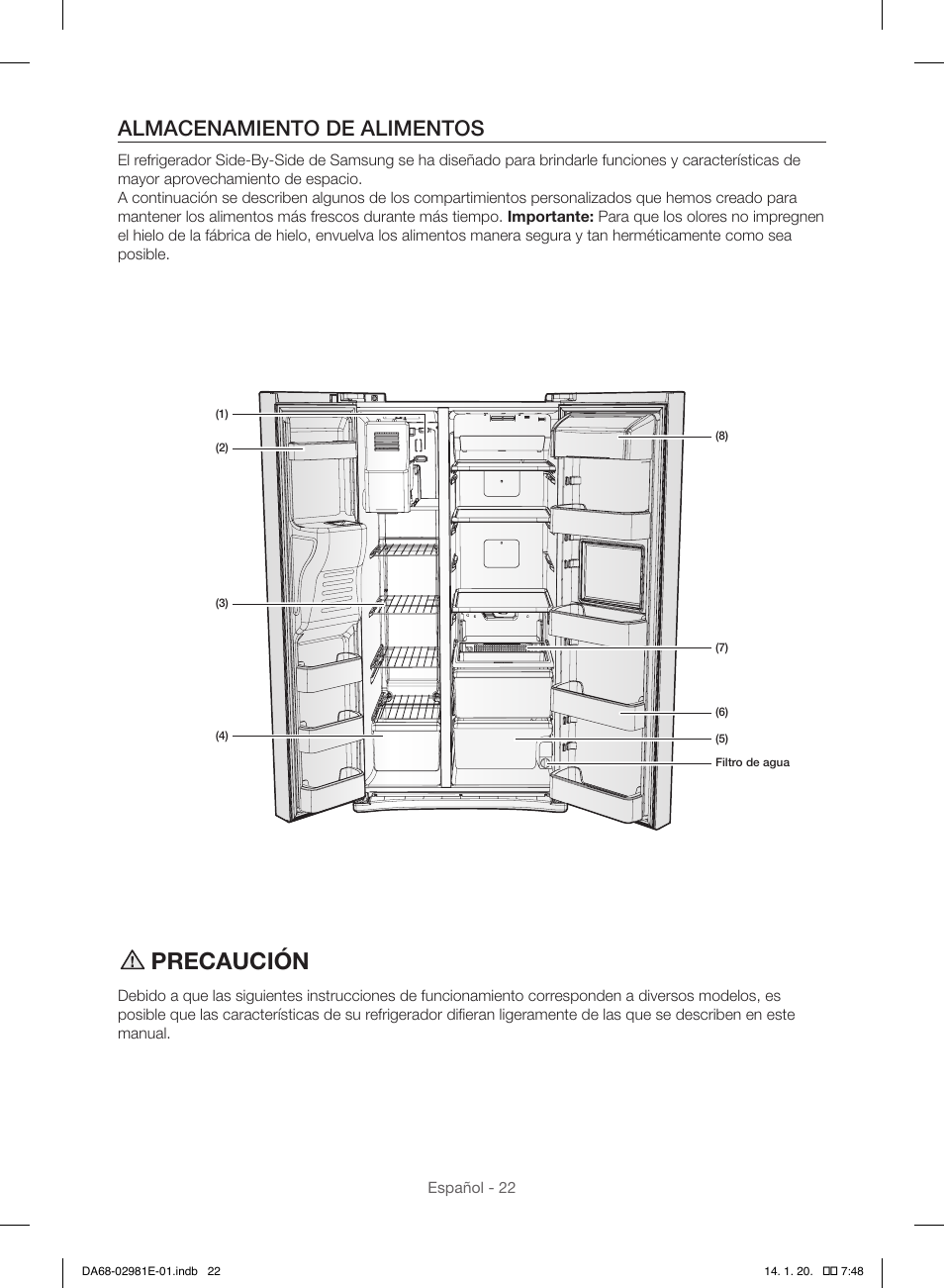 Precaución, Almacenamiento de alimentos | Samsung RS25H5000WW-AA User Manual | Page 54 / 96