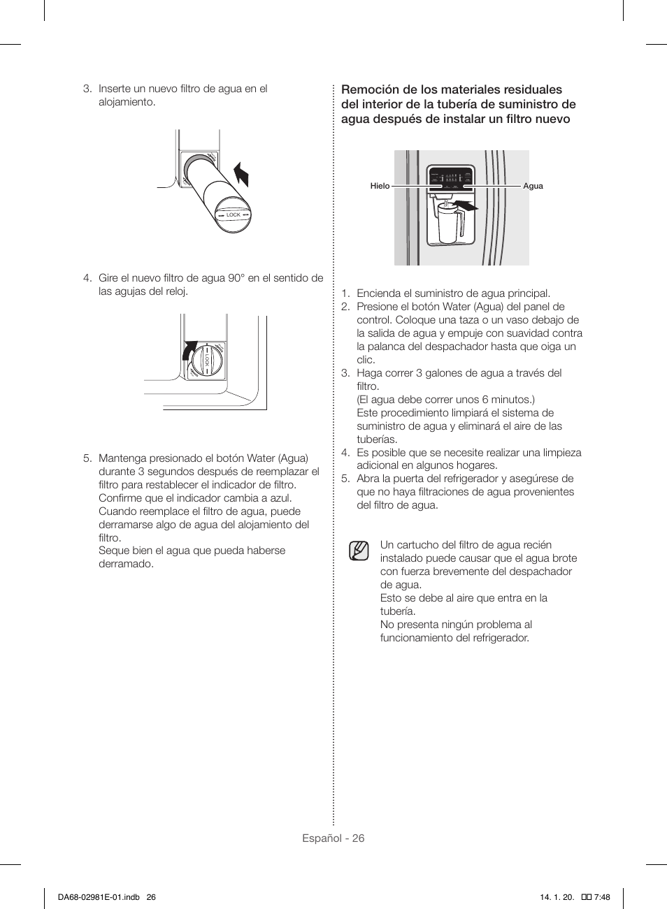 Agua hielo, Lock | Samsung RS25H5000WW-AA User Manual | Page 58 / 96