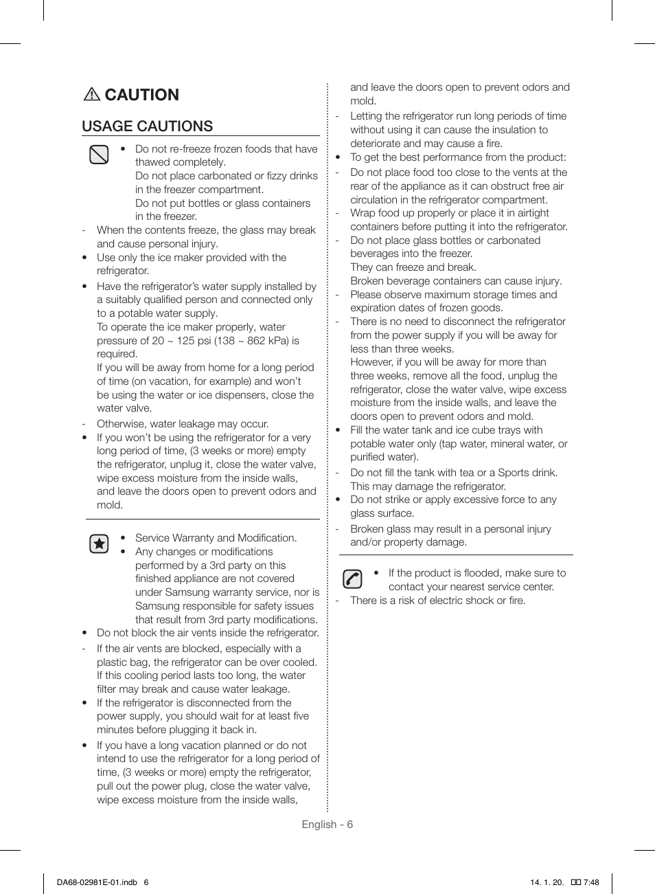 Caution, Usage cautions | Samsung RS25H5000WW-AA User Manual | Page 6 / 96