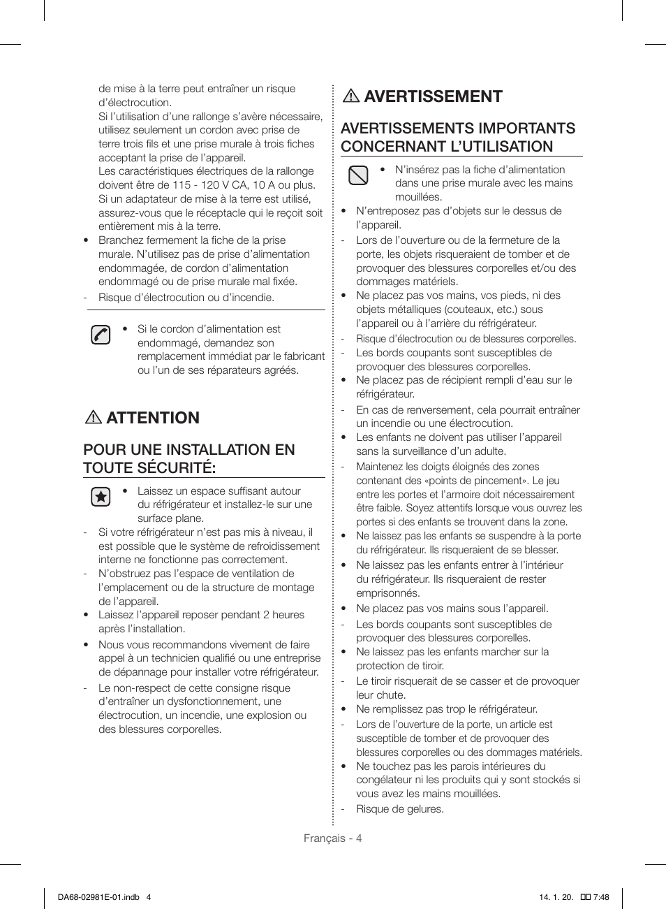 Attention, Avertissement, Pour une installation en toute sécurité | Avertissements importants concernant l’utilisation | Samsung RS25H5000WW-AA User Manual | Page 68 / 96