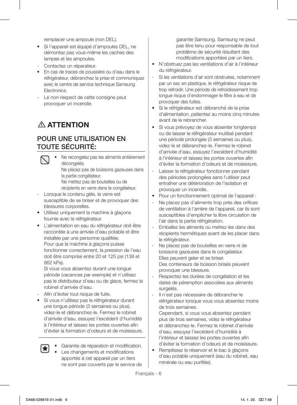 Attention, Pour une utilisation en toute sécurité | Samsung RS25H5000WW-AA User Manual | Page 70 / 96