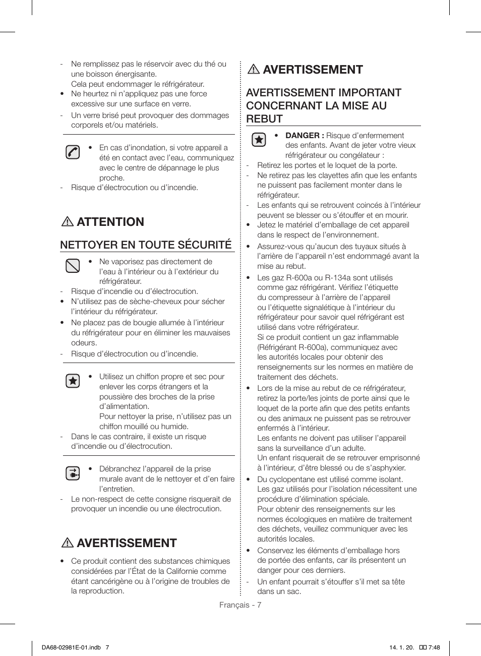 Attention, Avertissement, Nettoyer en toute sécurité | Samsung RS25H5000WW-AA User Manual | Page 71 / 96