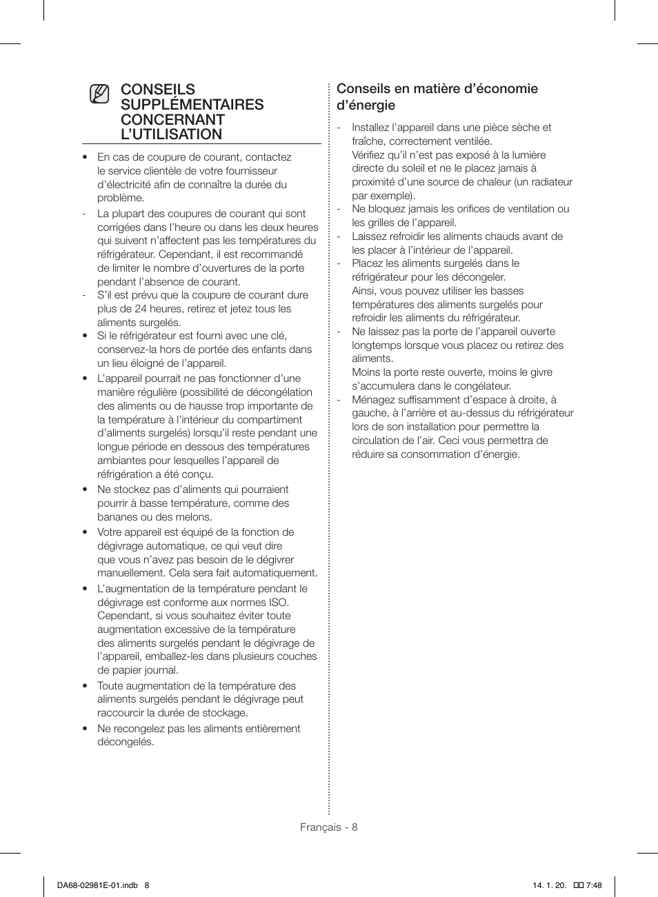 Conseils supplémentaires concernant l’utilisation, Conseils en matière d’économie d’énergie | Samsung RS25H5000WW-AA User Manual | Page 72 / 96