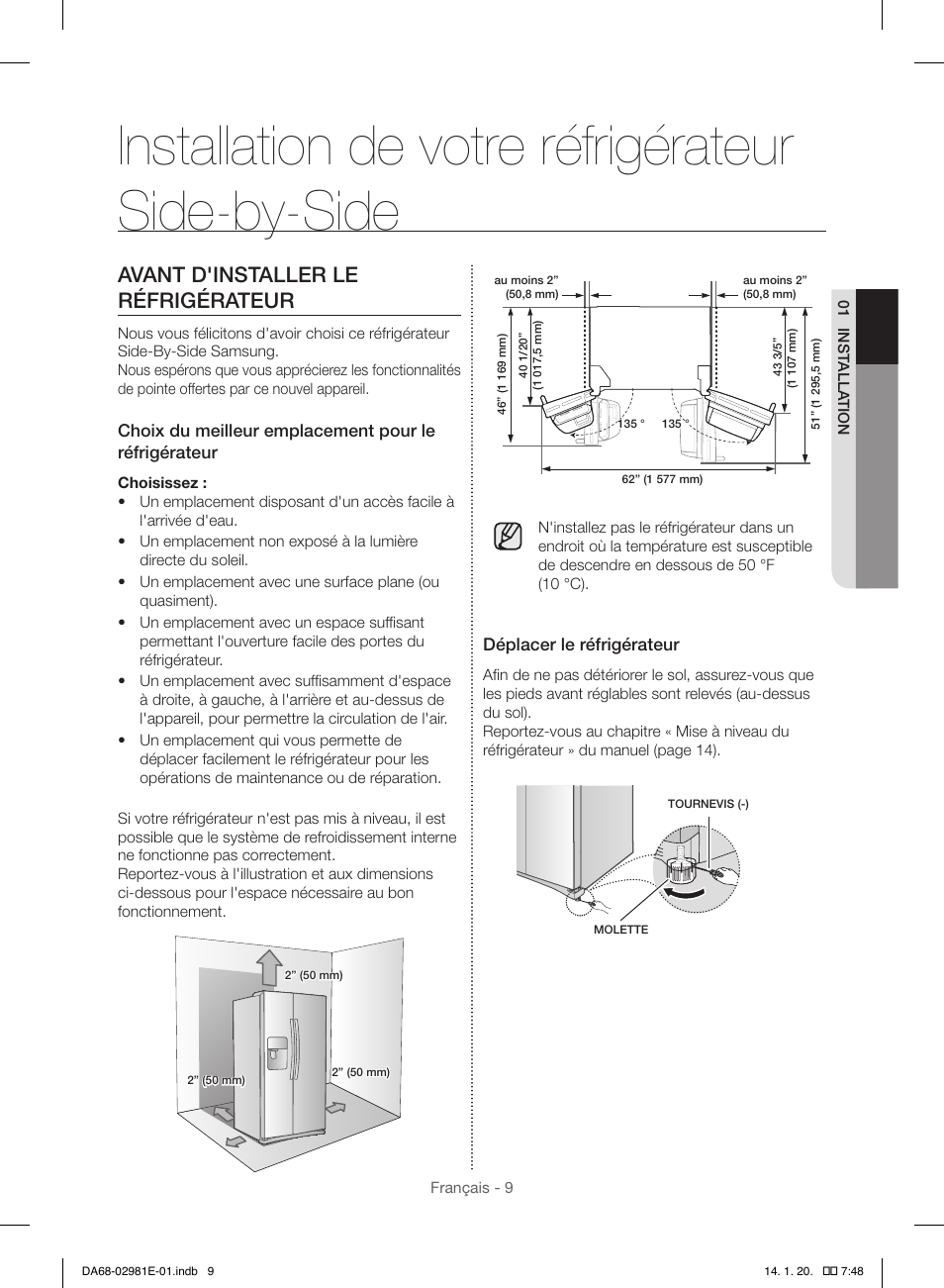 Installation de votre réfrigérateur side-by-side, Avant d'installer le réfrigérateur | Samsung RS25H5000WW-AA User Manual | Page 73 / 96