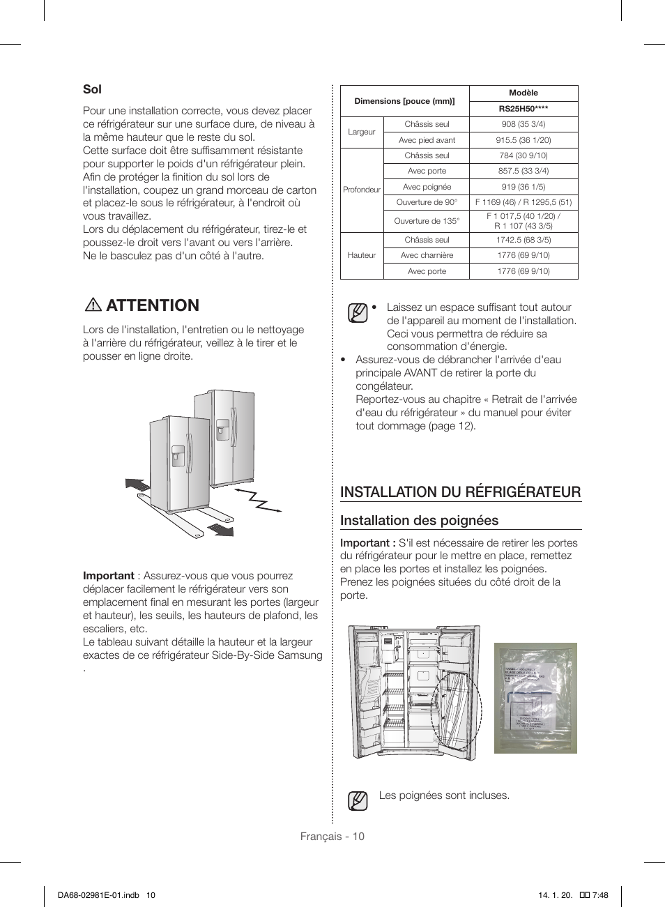 Attention, Installation du réfrigérateur, Installation des poignées | Samsung RS25H5000WW-AA User Manual | Page 74 / 96