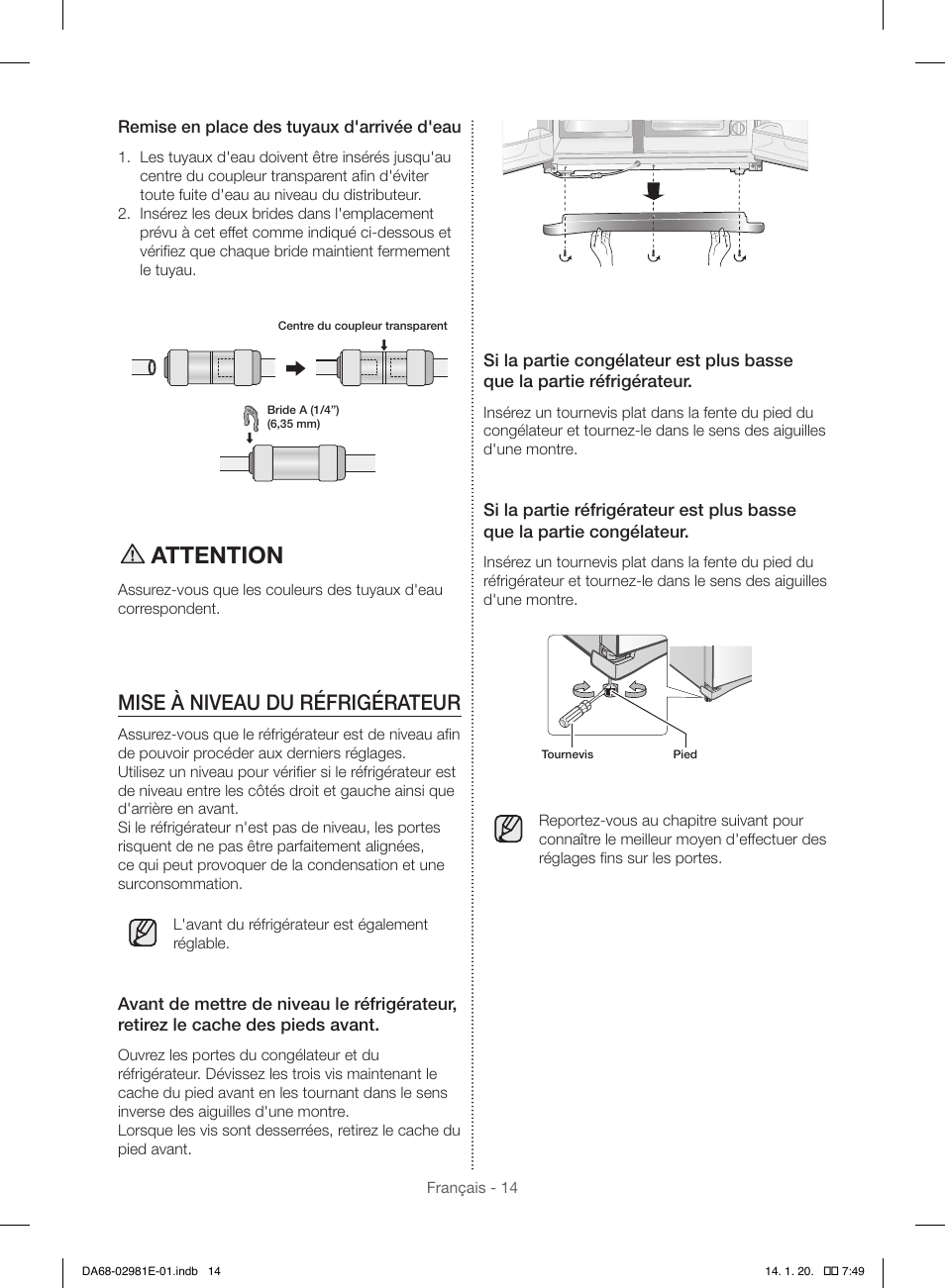 Attention, Mise à niveau du réfrigérateur | Samsung RS25H5000WW-AA User Manual | Page 78 / 96