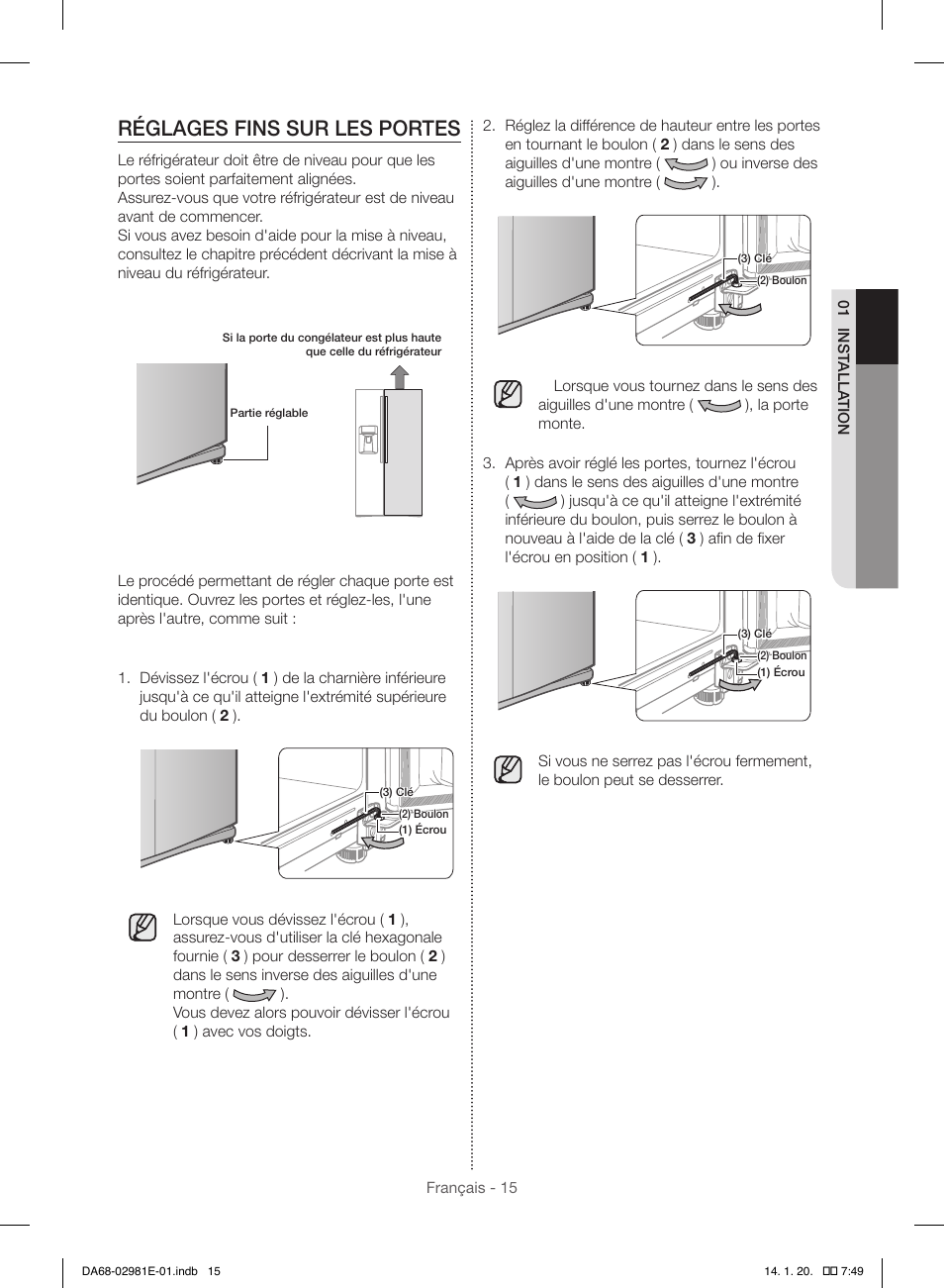 Réglages fins sur les portes | Samsung RS25H5000WW-AA User Manual | Page 79 / 96