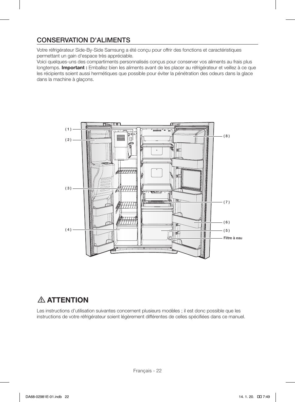 Attention, Conservation d'aliments | Samsung RS25H5000WW-AA User Manual | Page 86 / 96