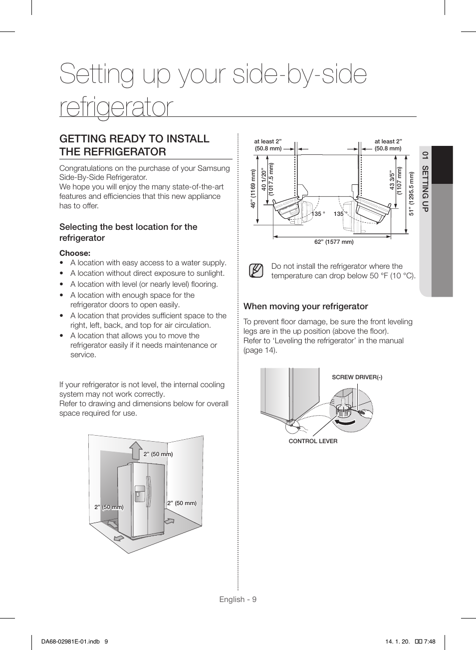 Setting up your side-by-side refrigerator, Getting ready to install the refrigerator | Samsung RS25H5000WW-AA User Manual | Page 9 / 96