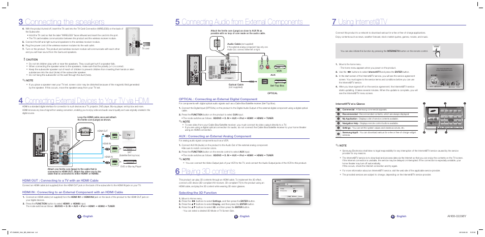 6 playing 3d contents, 4 connecting external devices to your tv via hdmi, Selecting the 3d function | Optical : connecting an external digital component, Aux : connecting an external analog component, Hdmi out : connecting to a tv with an hdmi cable | Samsung HT-C9950W-XAA User Manual | Page 2 / 2