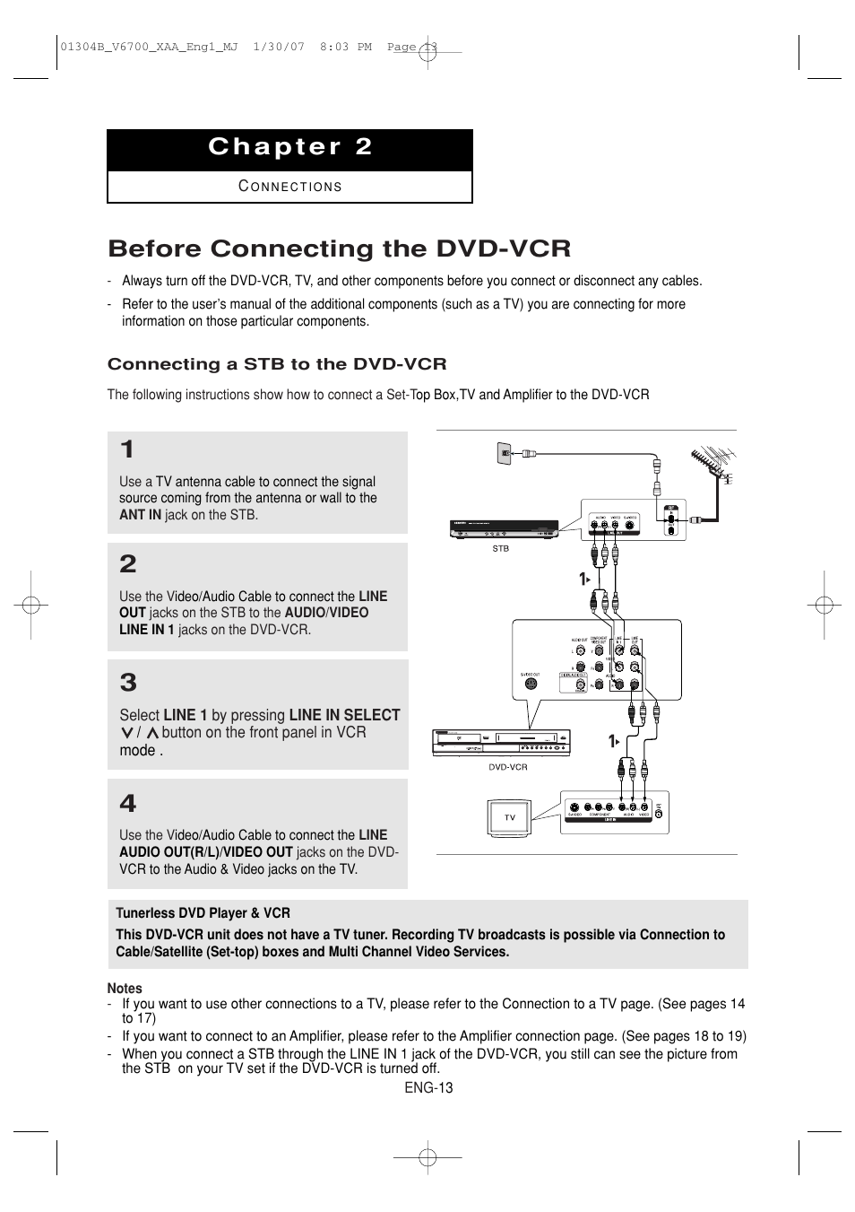 Chapter 2:connections, Before connecting the dvd-vcr, Connecting a stb to the dvd-vcr | Samsung DVD-V6700-XAA User Manual | Page 13 / 84