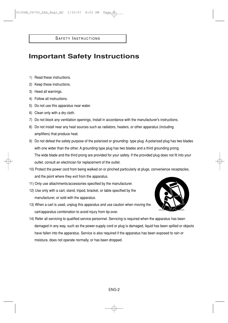 Safety instructions, Important safety instructions | Samsung DVD-V6700-XAA User Manual | Page 2 / 84