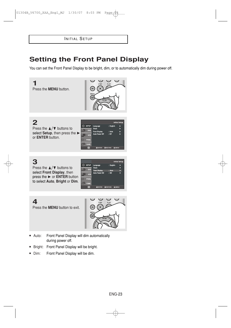 Setting the front panel display | Samsung DVD-V6700-XAA User Manual | Page 23 / 84