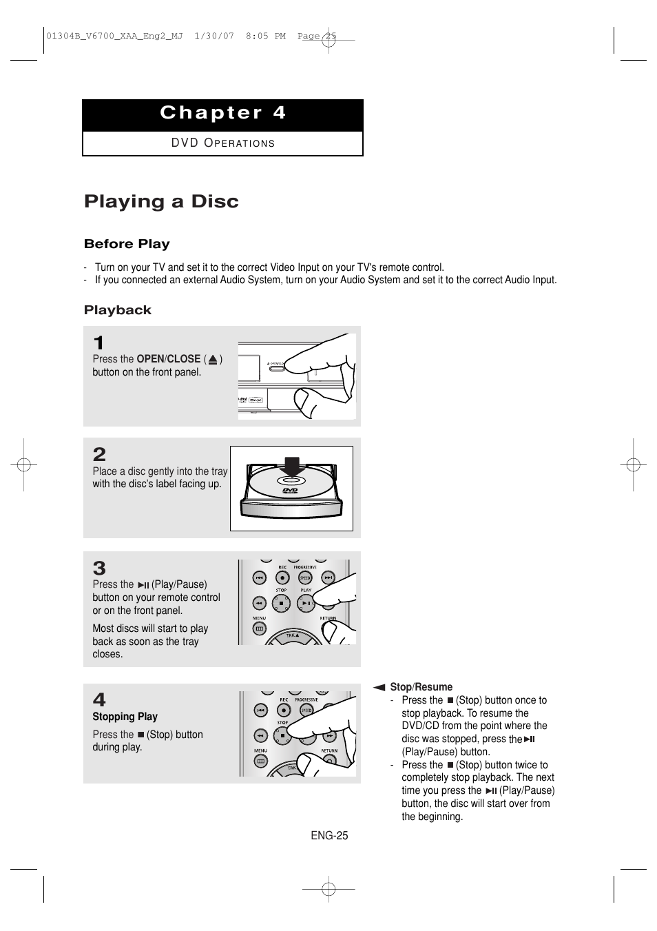 Chapter 4:dvd operations, Playing a disc | Samsung DVD-V6700-XAA User Manual | Page 25 / 84