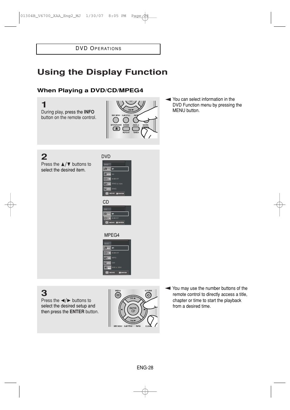 Using the display function | Samsung DVD-V6700-XAA User Manual | Page 28 / 84