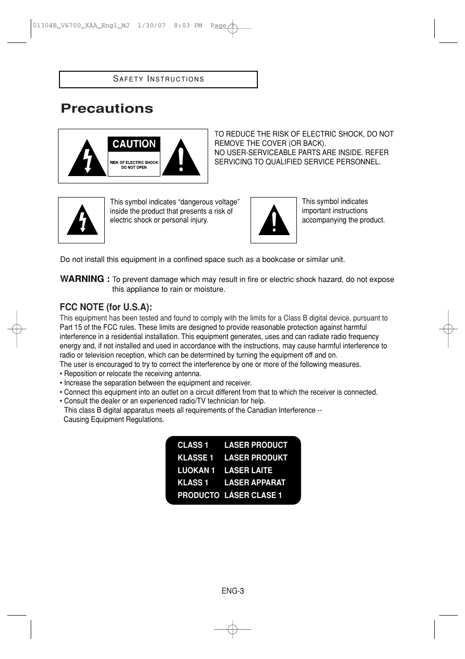 Precautions | Samsung DVD-V6700-XAA User Manual | Page 3 / 84