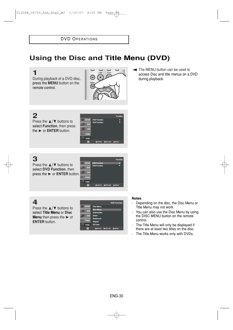 Using the disc and title menu (dvd), Using the disc and t itle menu (dvd) | Samsung DVD-V6700-XAA User Manual | Page 30 / 84