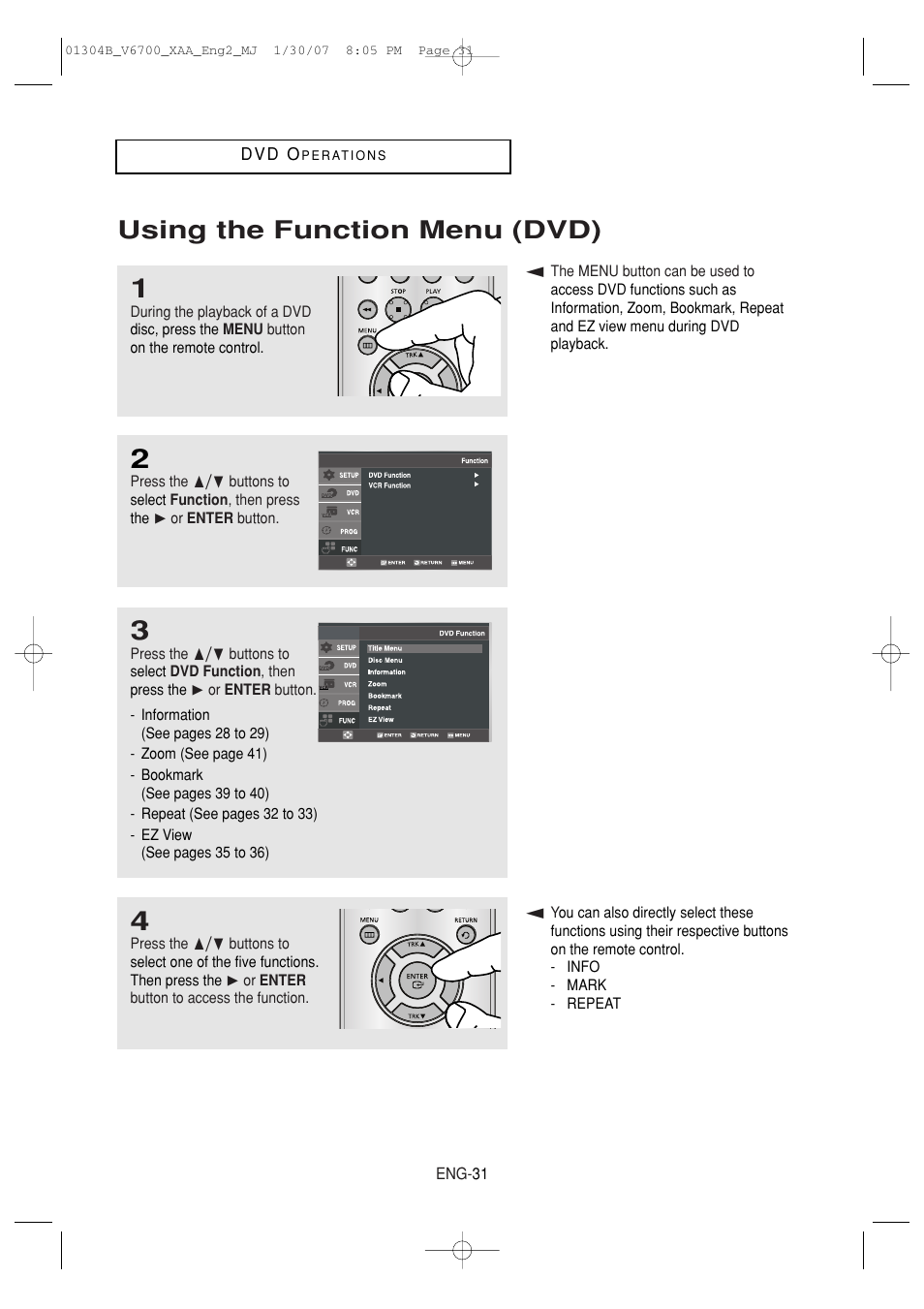 Using the function menu (dvd) | Samsung DVD-V6700-XAA User Manual | Page 31 / 84