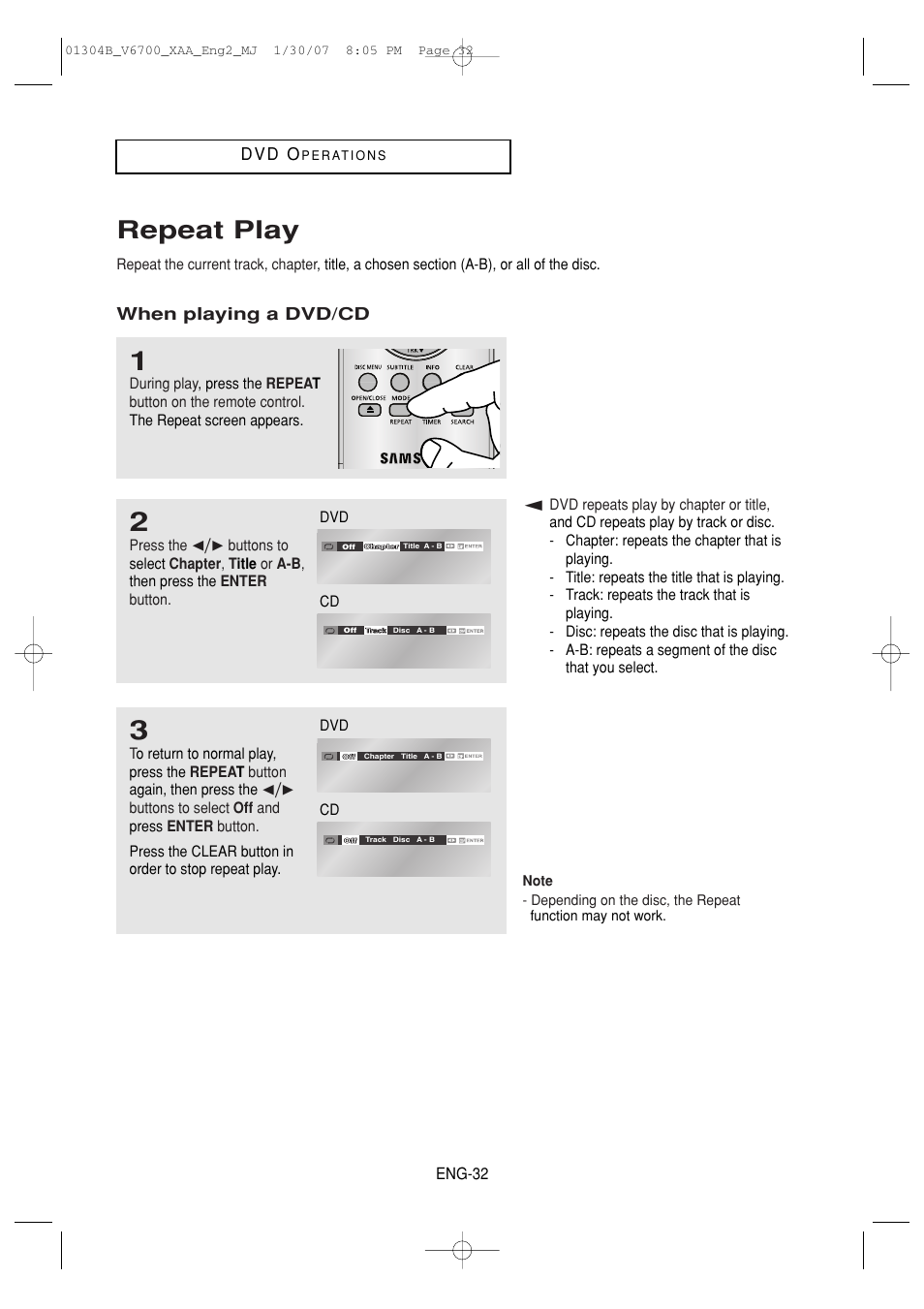 Repeat play, D v d o, When playing a dvd/cd | Samsung DVD-V6700-XAA User Manual | Page 32 / 84