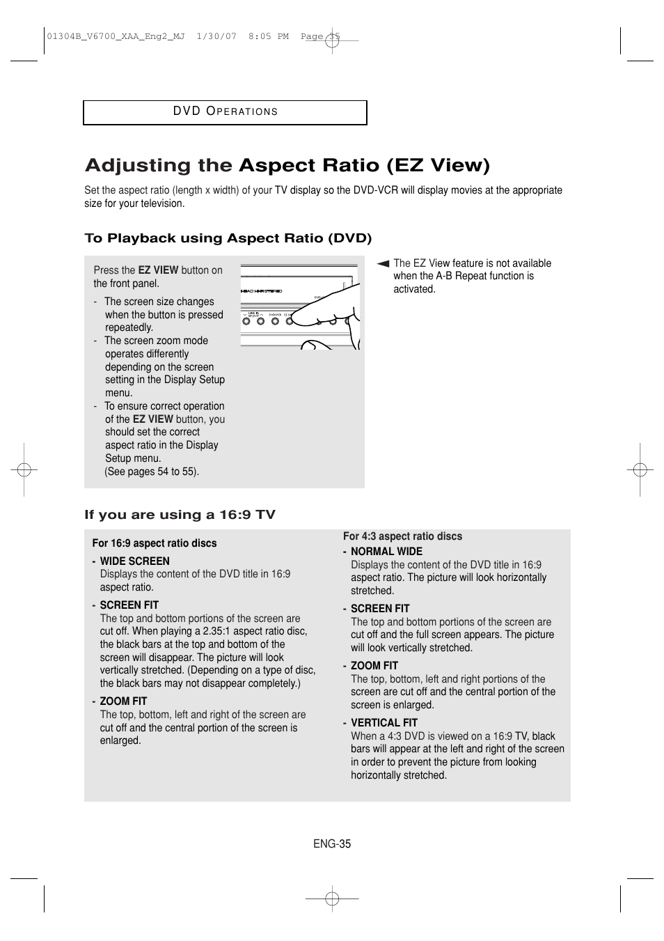 Adjusting the aspect ratio (ez view) | Samsung DVD-V6700-XAA User Manual | Page 35 / 84