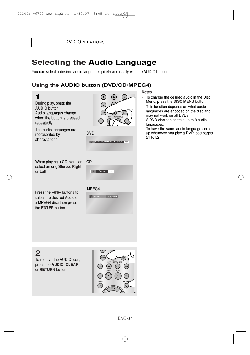 Selecting the audio language | Samsung DVD-V6700-XAA User Manual | Page 37 / 84