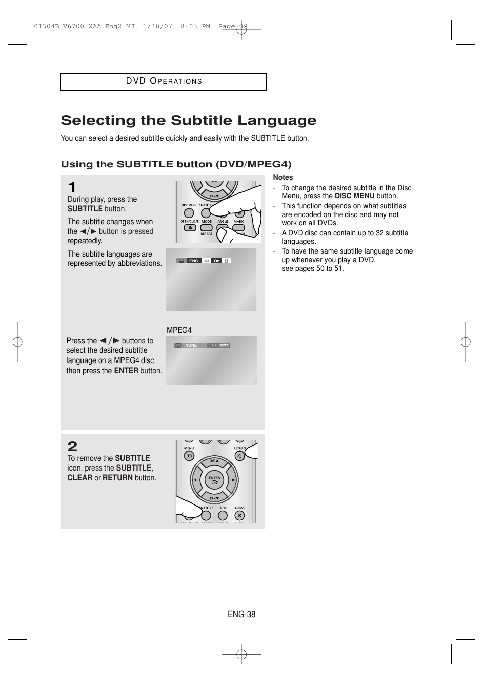 Selecting the subtitle language | Samsung DVD-V6700-XAA User Manual | Page 38 / 84