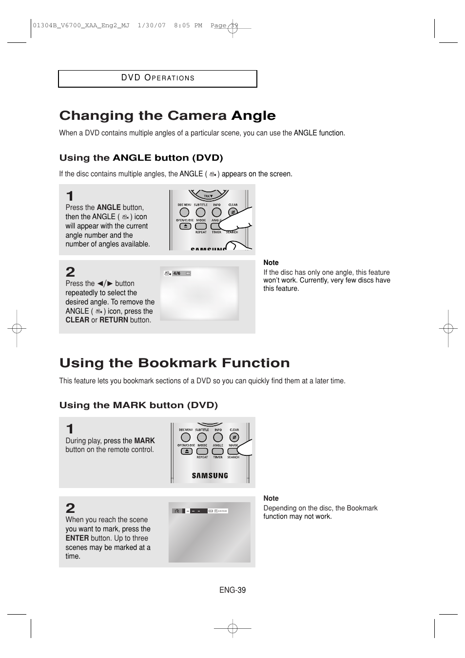 Changing the camera angle, Using the bookmark function | Samsung DVD-V6700-XAA User Manual | Page 39 / 84