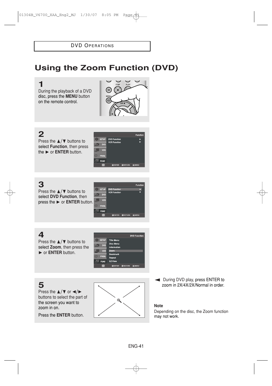 Using the zoom function (dvd) | Samsung DVD-V6700-XAA User Manual | Page 41 / 84