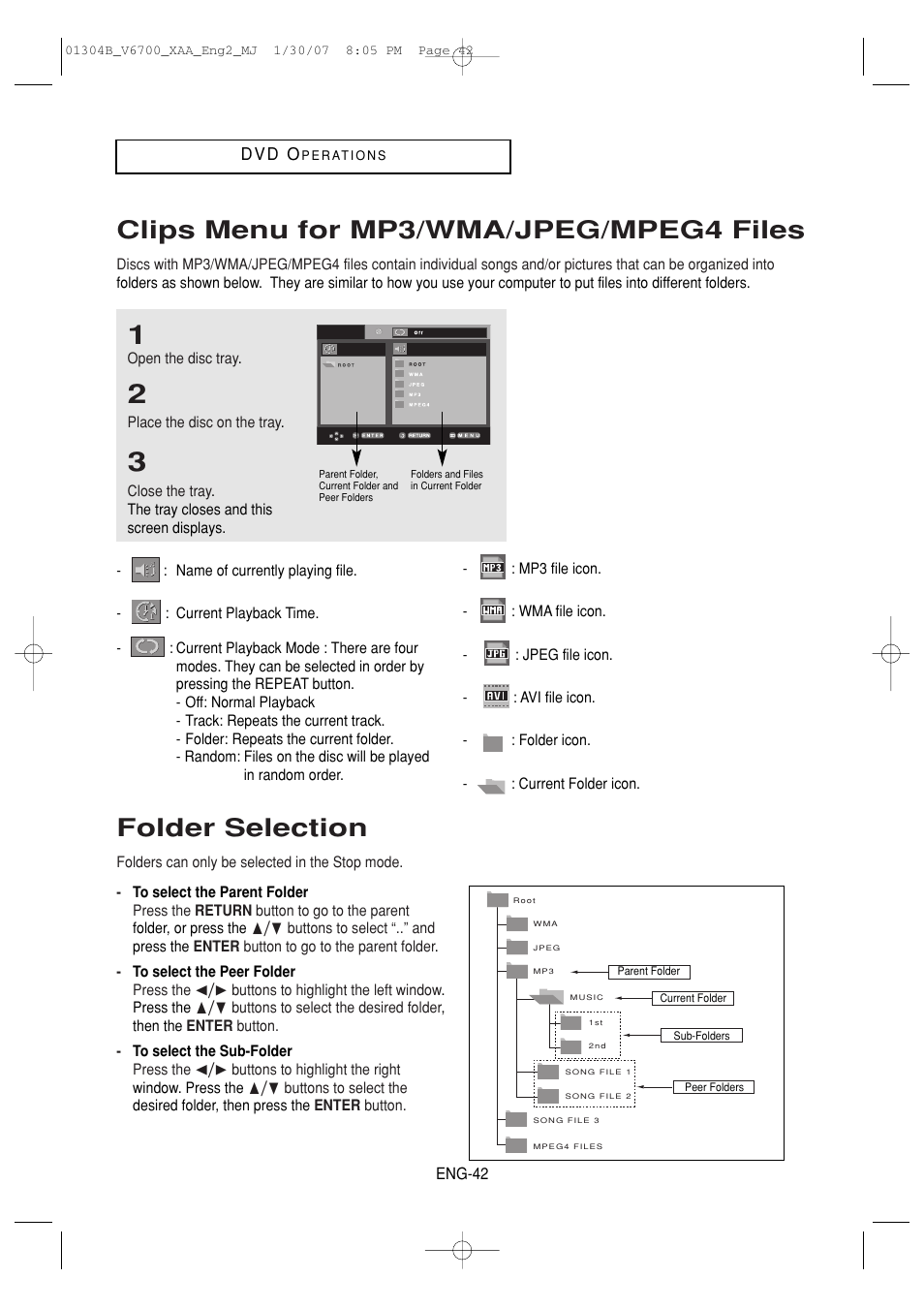 Clips menu for mp3/wma/jpeg/mpeg4 files, Folder selection | Samsung DVD-V6700-XAA User Manual | Page 42 / 84