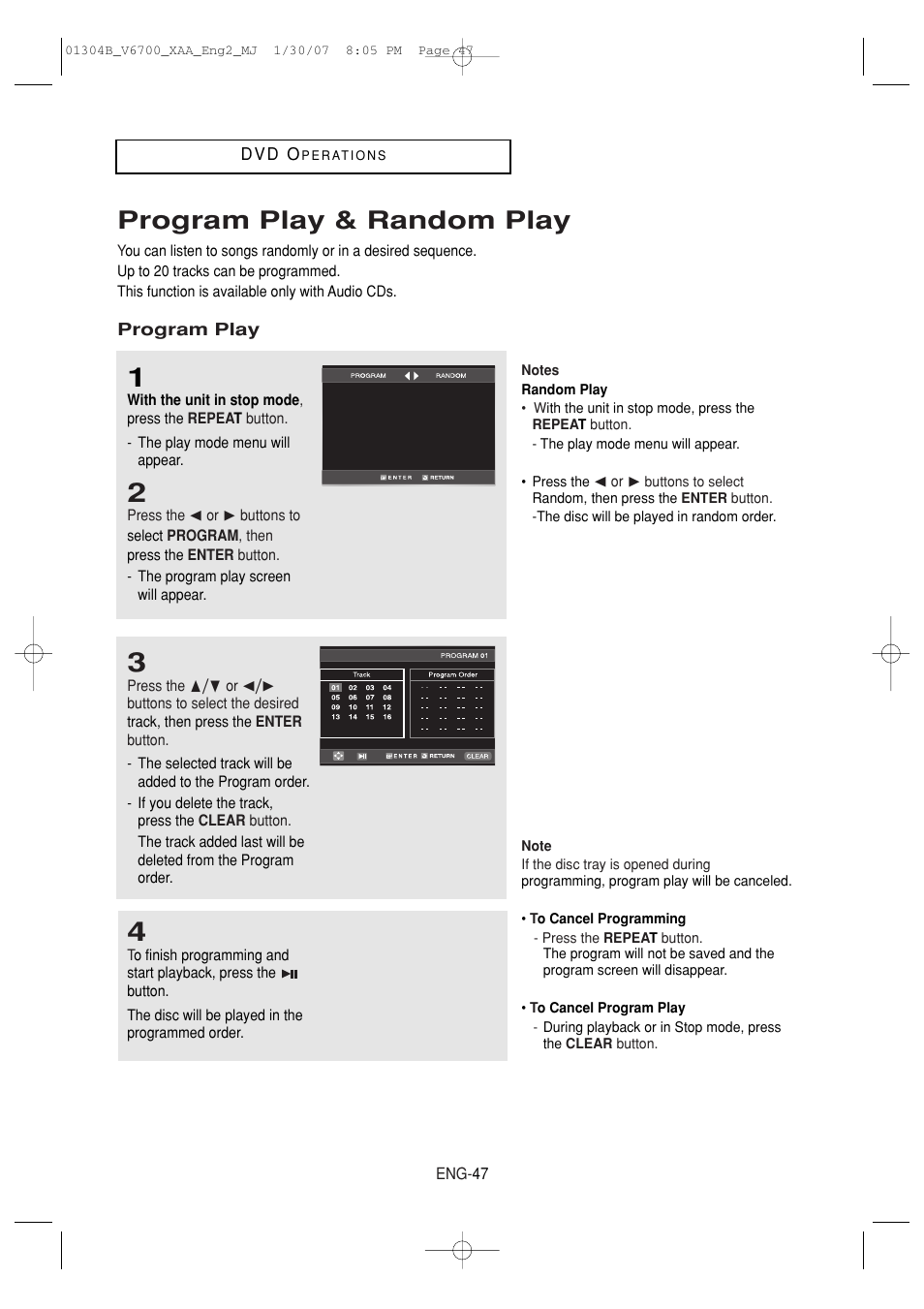 Program play & random play | Samsung DVD-V6700-XAA User Manual | Page 47 / 84