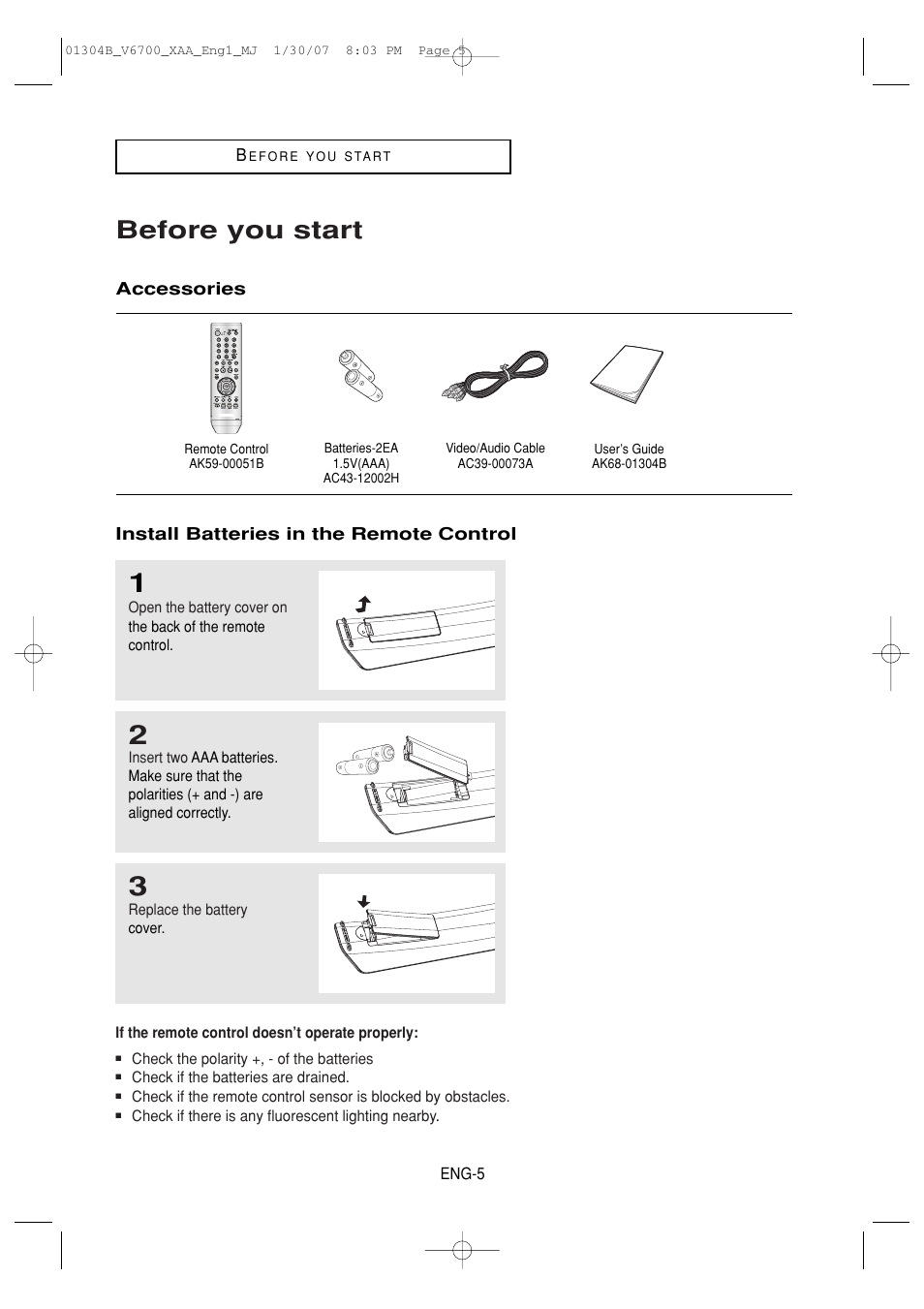 Before you start, Accessories, Install batteries in the remote control | Samsung DVD-V6700-XAA User Manual | Page 5 / 84