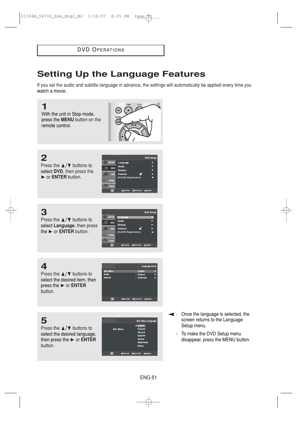 Setting up the language features | Samsung DVD-V6700-XAA User Manual | Page 51 / 84