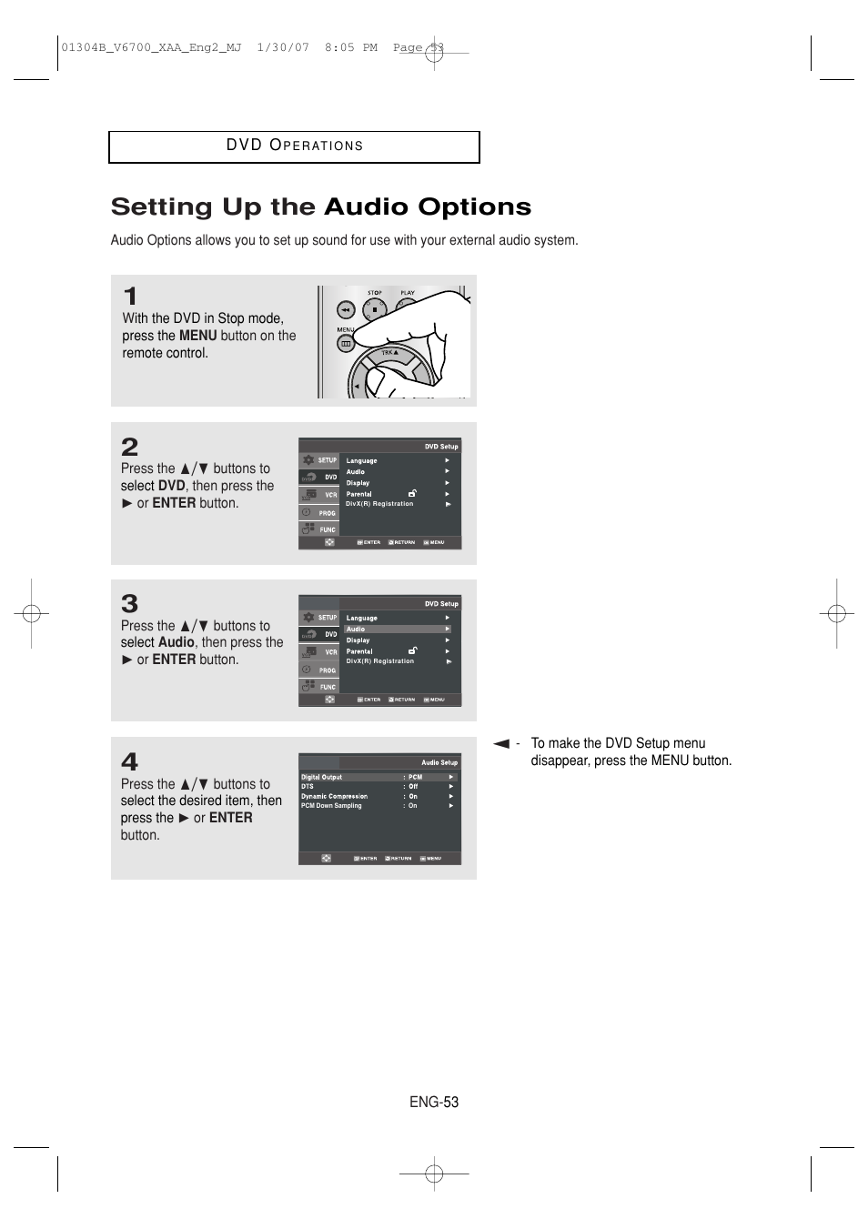 Setting up the audio options | Samsung DVD-V6700-XAA User Manual | Page 53 / 84