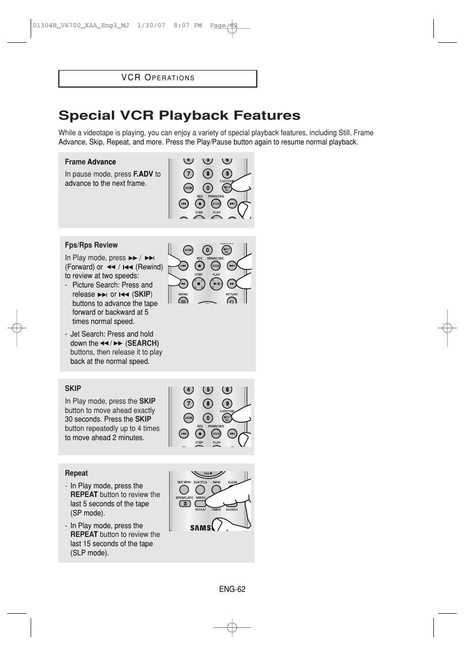 Special vcr playback features | Samsung DVD-V6700-XAA User Manual | Page 62 / 84