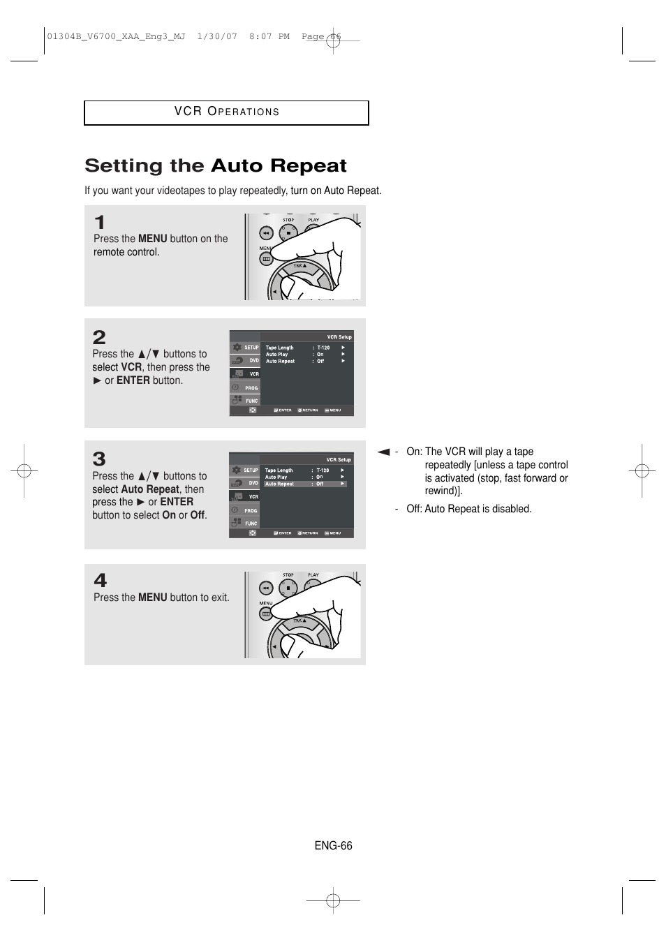 Setting the auto repeat | Samsung DVD-V6700-XAA User Manual | Page 66 / 84