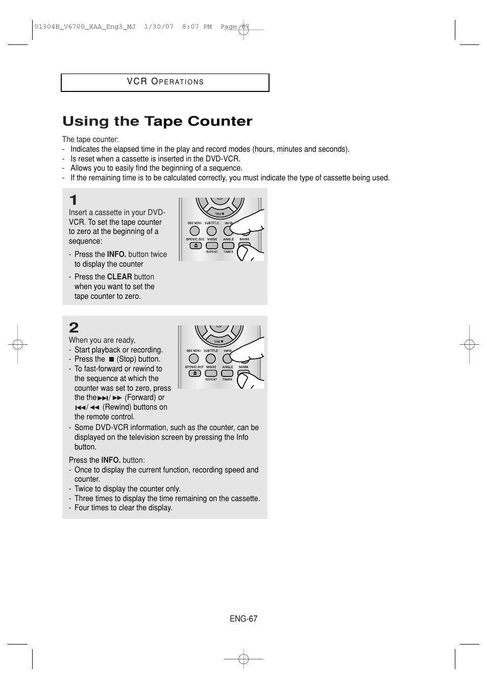 Using the tape counter, Using the t ape counter | Samsung DVD-V6700-XAA User Manual | Page 67 / 84